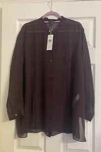 Neu mit Etikett $ 258 Eileen Fisher Cassis zerknittertes Oberteil aus transparenter Seide mit Mandarinkragen 1X - Bild 1 von 5