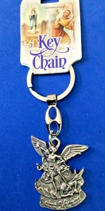 ARCHANGEL ST MICHAEL Saint Medal Key Chain Key Ring Silver Tone Metal PROTECTION - Picture 1 of 3
