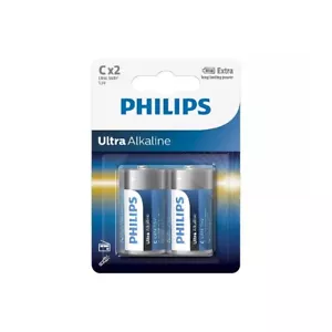 2 Philips Ultra Alkaline C Batteries 1.5v Blister Lr14 Baby 2bl Exp 2029 New - Picture 1 of 5