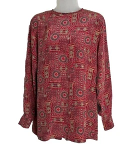 Vintage Erstausgabe Langarm Druck Bluse geknöpft hinten Größe 6 rot - Bild 1 von 10
