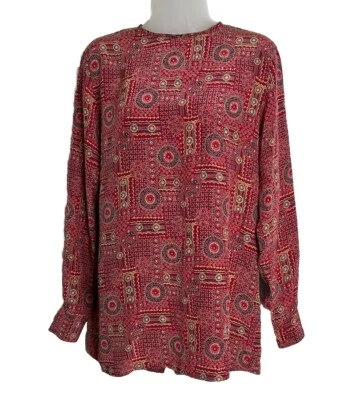 Blusa Manga Larga Seda Primera Edición Vintage S Roja Estampado Geométrico Abotonada Espalda Foto 1 de 4