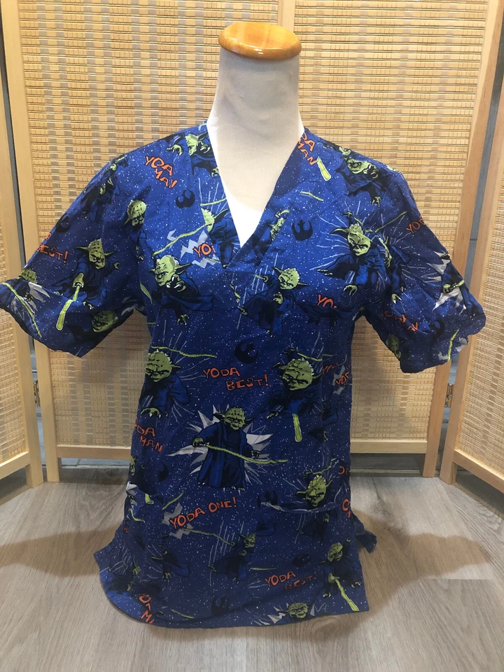 Scrubs Scrub Top Cartoon Star Wars  "Yoda One " Space Sci-Fi XS Extra Small H616 - Image 1 of 4