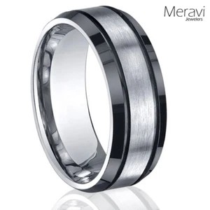 🔥 Black Titanium Mens Ring Silver Matte Brushed Center Engagement Wedding Band - Picture 1 of 5