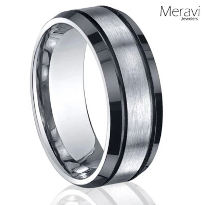 🔥 Black Titanium Mens Ring Silver Matte Brushed Center Engagement Wedding Band - Image 1 of 4