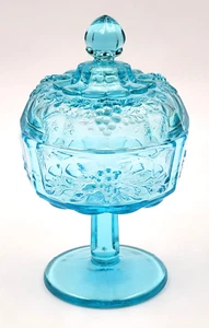 Vintage Westmoreland Blue Glass Covered Candy Dish Grapes and Leaves Pattern - Picture 1 of 9
