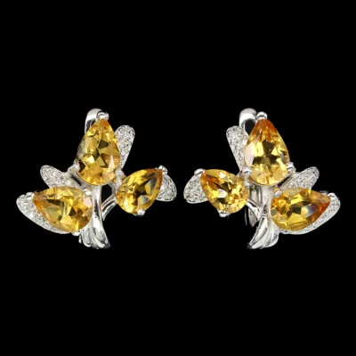 925 Sterling Silver Pear Yellow Citrine 8x6mm Simulated Cz  Earrings - Image 1 of 4