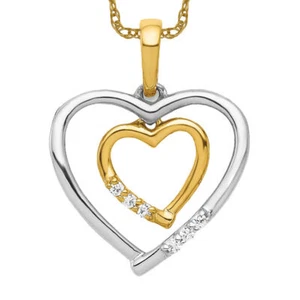 14K Solid Two Tone Gold Heart Diamond Necklace - Picture 1 of 12