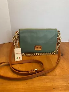 NEU Valentina italienische quadratische Leder-Umhängetasche weiches grünes & hellbraunes genarbtes Leder - Bild 1 von 13