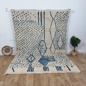 Tappeto berbero marocchino fatto a mano 6'8x9'3 tradizionale geometrico bianco blu tappeto lana - Foto 1 di 13