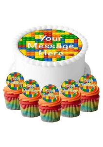 PERSONALISED 7-8"Cake Topper Brick Block Edible Icing + 24 Precut Wafer Toppers - Picture 1 of 12