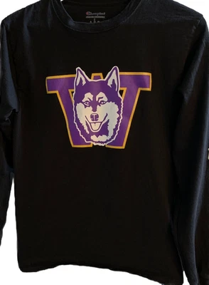 UW University Washington Huskies Black Champion Logo Long Sleeve Small T Shirt - Image 1 of 4