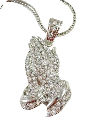 НОВЫЙ! Платиновый оверлей GP молитвенные руки подвеска хип-хоп Иисус изделие подвеска 36'' - Изображение 1 из 2