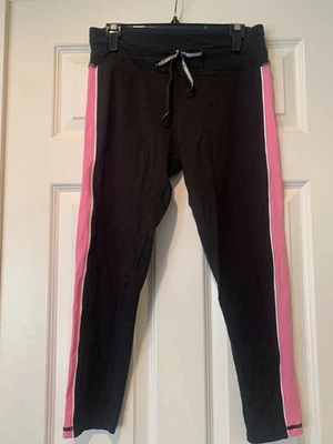 DKNY Sport Women's Cropped Cotton Black Leggings Pink & White Side Stripes Sz L - Image 1 of 4