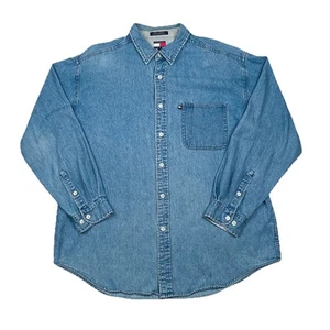 VTG Tommy Hilfiger Shirt Mens XL Blue Chambray Denim Tommy Jeans Logo 90s - Picture 1 of 13