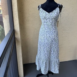 OPT Midikleid Blumen Gr. S weiß lila Rüschensaum feminin Sommer Sommerkleid Neu mit Etikett - Bild 1 von 11