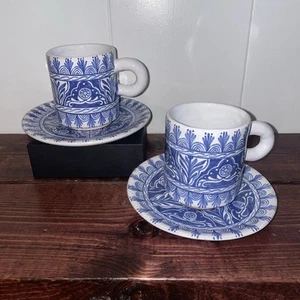 S/2 Tlalpujahua Michoacan Colin mexikanische Keramik blau weiß Blumen Tasse & Untertassen - Bild 1 von 8