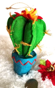 Christmas Ornament Fabric FLOWERING Golden Barrel CACTUS in Pot 4.75" - Picture 1 of 3