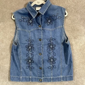 Verzierte Originals Jeansweste Damen groß blau Blumen bestickt Western Boho - Bild 1 von 18