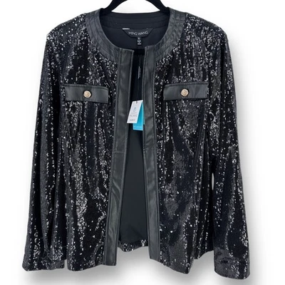 Ming Wang Open Front Black Sequin Jacket Size Small Vegan Leather Trim - Image 1 of 4