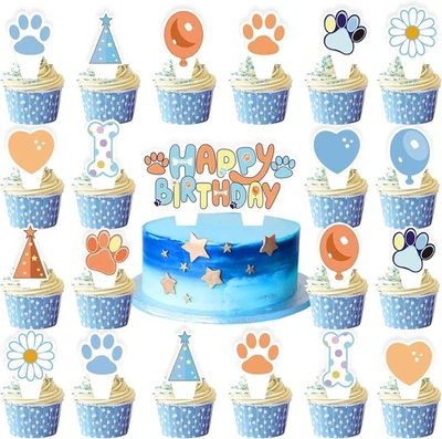 49 peças enfeites de bolo de feliz aniversário para cachorros azuis - cupcake  - Imagem 1 de 4