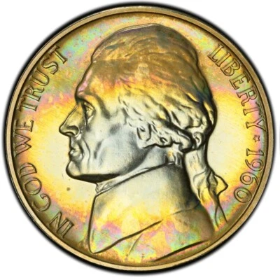 PR65 1960 5C Jefferson Proof Nickel, PCGS Trueview- Pretty Rainbow Toned - Image 1 of 4