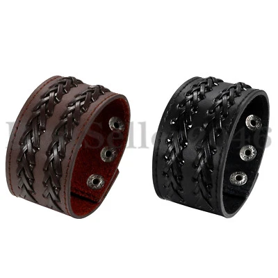 Pulseira masculina trançada de couro bracelete largo pulseira punk gótica ajustável - Imagem 1 de 4