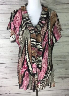 Top de mujer New Directions 3X estampado animal arrugado plisado volante botón delantero Foto 1 de 4