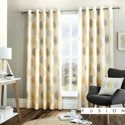 Skandi Ochre & Grey Leaf Cotton Lined Eyelet Curtains by Fusion - 66" x 54" - Image 1 of 2