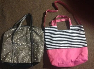 Lot Of 2 Victoria’s Secret XL Tote Bag Gold Metallic + Pink/Black Striped Bag - Picture 1 of 7