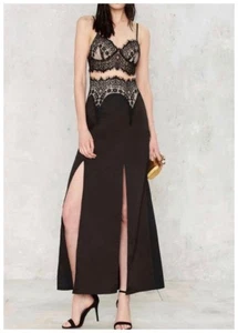 Black Victorian Bustier Maxi Dress High Side Leg Slit Lace Mesh Cocktail Formal - Picture 1 of 3