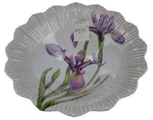 Shabby Chic Melamine Serving Bowl White Purple Iris Scalloped Large 13" NWT - Picture 1 of 8