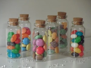 Small Clear Glass Cork Lid Bottles Jars Party Sweets Wedding Table Favours 3x7cm - Picture 1 of 2