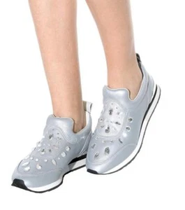 Tory Burch Sneakers LANEY Crystals Slip-On Silver Leather Shoe Shoes 10.5 - Picture 1 of 12