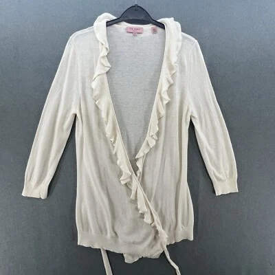 Ted Baker Wrap Ruffle Cardigan Size 3 M Ivory Cream Cashmere Blend Elegant Knit - Image 1 of 4