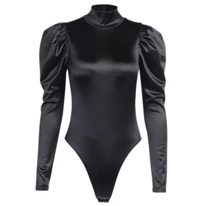 Lady Bodysuit Leotard Top Jumpsuit Long Puff Sleeve Turtle Neck Club Zip Fashion - Picture 1 of 9