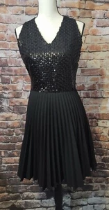 VINTAGE 1980s BLACK SEQUIN HALTER DRESS PLEATED SKIRT OPEN BACK sz M/L FORMAL - Picture 1 of 9