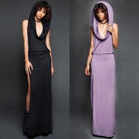 New Women Hooded Slim Sleeveless Maxi Dress Evening Party Club Side Split Dress