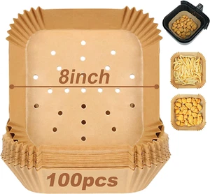 BYKITCHEN Fodere Quadrate per Friggitrice ad Aria, Set di 100, Friggitrice ad Aria Quadrata Traforata da 8 Pollici - Foto 1 di 12