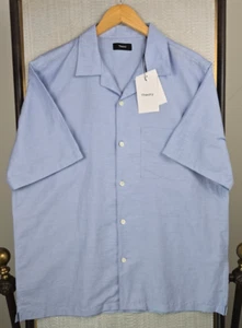Camicia da campeggio uomo THEORY nuova $165 lino/cotone taglia large blu bottoni davanti - Foto 1 di 14