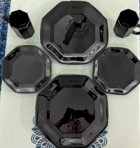 ARCOROC OCTIME BLACK OCTAGONAL GLASS DINNER PLATES, Dinner, Salad, Cups Set of 6 - Picture 1 of 10