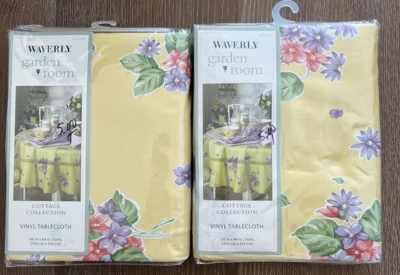 2 New - Waverly Garden Room "Field of Flowers" Tablecloth Yellow 60" x 84" OVAL - Image 1 of 4