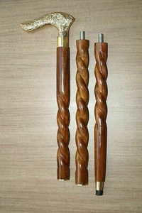 36" ANTIQUE BRASS HANDLE SOLID WOODEN SPIRAL WALKING CANE STICK GIFT - Picture 1 of 4