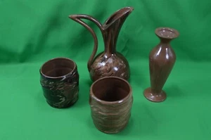 Lot Of 4 Silvers Stoneware Clay Pottery,Forsyth,MO,Pitcher,Vase,Cups,Brown Swirl - Picture 1 of 6