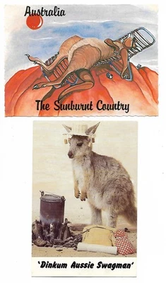 Two Humorous Australia Postcards, Featuring Kangaroos, Swagman & Sunburnt, 1980s - Bild 1 von 2
