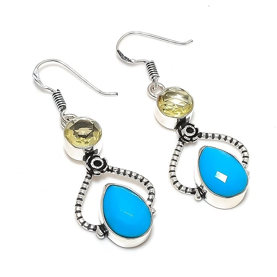 Blue Chalcedony Gemstone Handmade 925 Sterling Silver Jewelry Earring Size 2'' - Image 1 of 1
