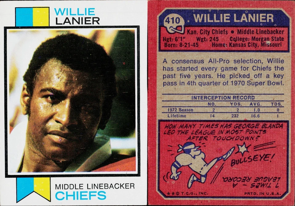 1973 Topps Football Card #410 Willie Lanier Kansas City Chiefs - Image 1 of 1