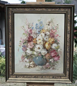 Louisa Medina (1911-?) - Flores en florero, bodegón enmarcado, pintura al óleo - Imagen 1 de 3