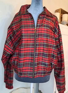 Karierte Damen Zip Bomberjacke 100% Seide L-XL Vintage Hanasport California - Bild 1 von 14