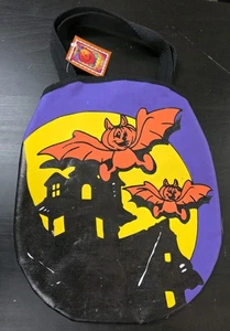 Vtg Halloween Canvas Pumpkin Face Flying Bats Trick Or Treat Tote Bag - Bild 1 von 13