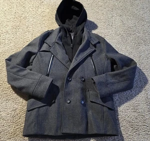 Express Jacket Mens Large Gray Wool Blend Hooded Peacoat Removable Lining Zipper - Picture 1 of 18
